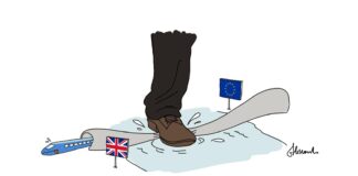 illustrazione Brexit, piede gigante schiaccia eurotunnel canale manica tra Europa e Gran Bretagna