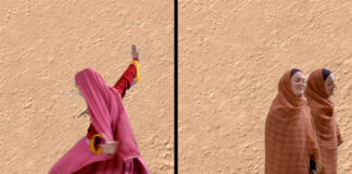 Fotomontaggio di donne irachene sorridenti . La prima con una veste rosa danza su sfondo deserto. Le altre osservano l'orizzonte con fare di speranzacontro la vera guerra