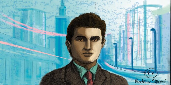 Ritratto di Luther Blissett su sfondo urbano azzurro rivisitato
