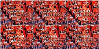 collage fotografico, 6 foto a colori, crisi di governo, le poltrone rosse del parlamento italiano con politici sparsi