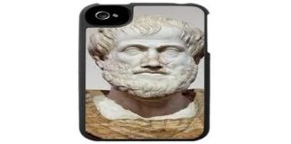 scienza e filosofia - illustrazione digitale, scritta nera "aristotele digitale", retro di cover di telefono con antico busto in marmo di uomo greco barbuto