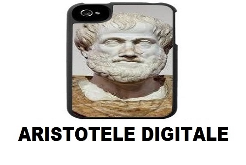 scienza e filosofia - illustrazione digitale, scritta nera "aristotele digitale", retro di cover di telefono con antico busto in marmo di uomo greco barbuto