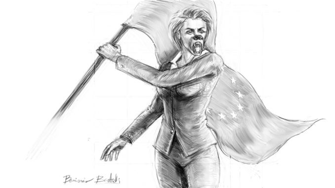 IMG_2118 disegno bianco nero, di ben bestetti, ursula von der leyen, presidente commissione europea, in veste di orso che difende europa agitando bandiera