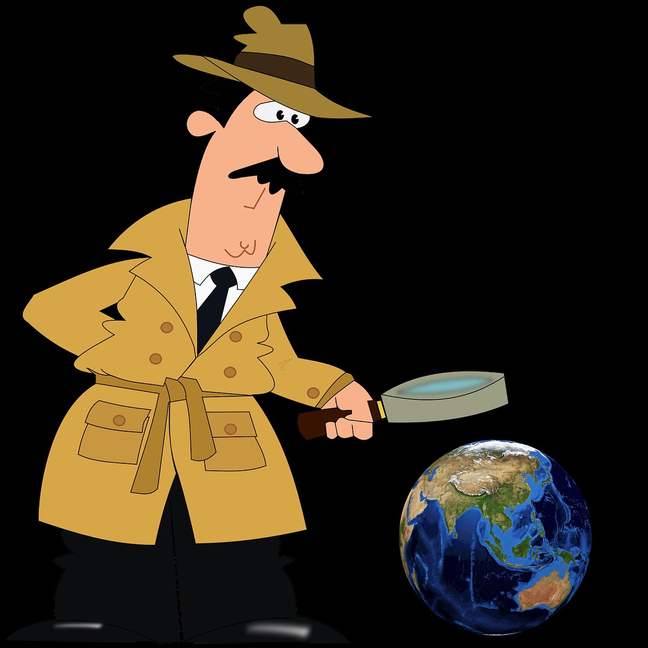 Un detective con il tipici cappotto e berretto inquadra il globo terrestre con una lente. Sfondo nero.