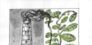 disegno, a sinistra una ciminiera con fumo nero, a destra un rami e foglie verdi