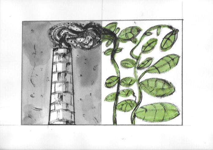 disegno, a sinistra una ciminiera con fumo nero, a destra un rami e foglie verdi