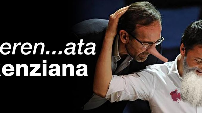 Maggioranza/ *Renzi,costiuito al Senato gruppo Partito Socialista-Italia Viva fotomontaggio, colori, Riccardo Nencini con naso da Pinocchio sbircia da sopra la spalla di Matteo Renzi, con naso da Pinocchio barba bianca e camicia macchiata di rosso, che lo abbraccia, entrambi con naso lungo da Pinocchio, scritta: Seren...ata Renziana