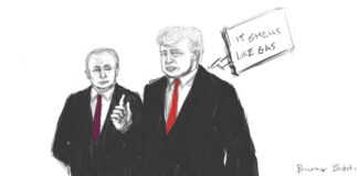 Vignetta realizzata da Ben Bestetti. Su sfondo bianco Trump e Putin, il primo dice "It smell like gas" ( in lingua italiana "sembra odore di gas")