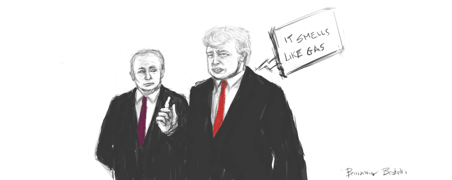 Vignetta realizzata da Ben Bestetti. Su sfondo bianco Trump e Putin, il primo dice "It smell like gas" ( in lingua italiana "sembra odore di gas")