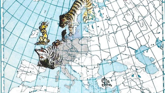 Carta geografica raffigurante l'Europa con modifiche animali: il Regno unito ha forma e aspetto di un coniglio seduto sulle zampe posteriori, la Francia la testa di un lupo, la penisola scandinava una tigre