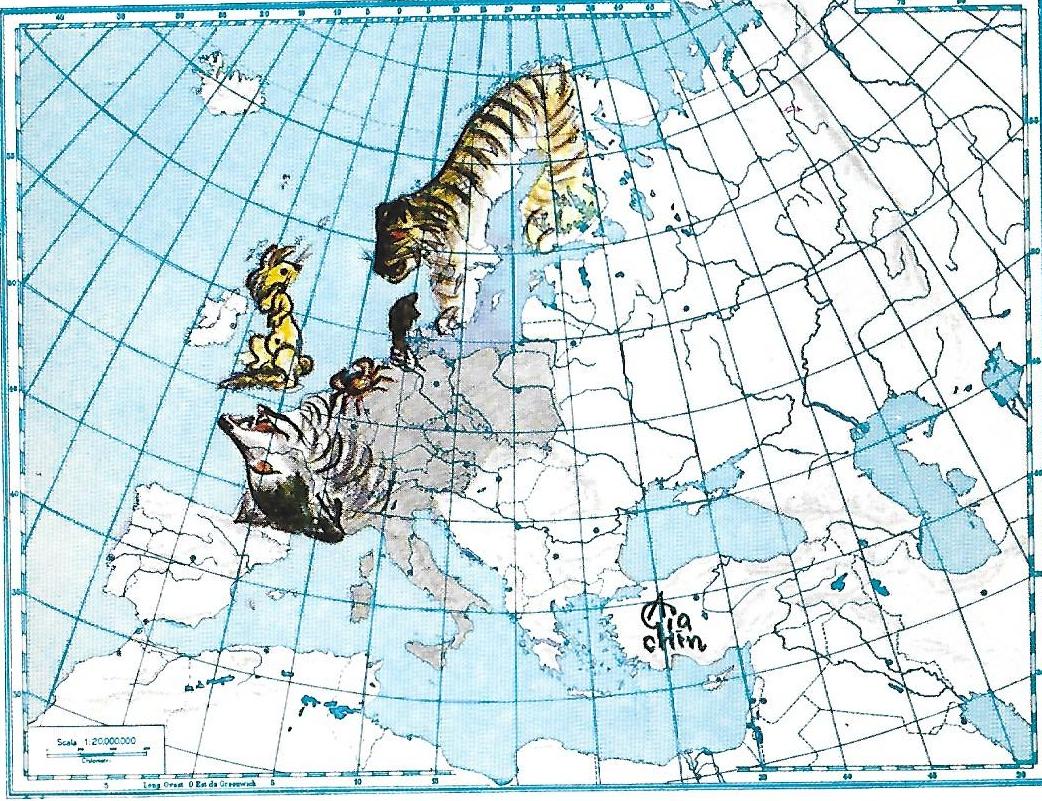 Carta geografica raffigurante l'Europa con modifiche animali: il Regno unito ha forma e aspetto di un coniglio seduto sulle zampe posteriori, la Francia la testa di un lupo, la penisola scandinava una tigre