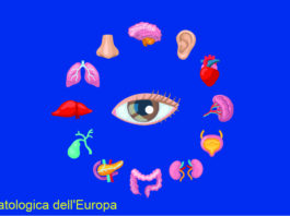 Sfondo blu, ghirlanda di organi umani realizzati in computer grafica con al centro un occhio