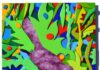 opera d'arte di Dario Brevi, sagoma viola di uccellino posato su un ramo, sfondo sagome verdi di foglie e di piccoli frutti colorati
