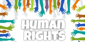 Graphic image showing coloured hands outstretched towards the words Human Rights in the middle