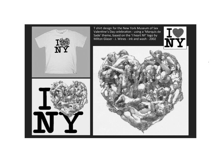 T-shirt bianca con le lettere nere maiuscole I N Y e a destra della I un groviglio di corpi intrecciati gli uni agli altri crea un disegno a forma di cuore.