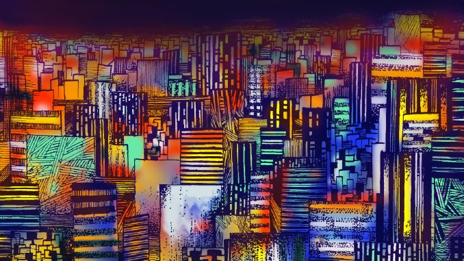 Densità demografica immagine digitale, colori, panorama di città con grattacieli a volo d'uccello, atmosfera notturna, cielo nero, luci colorate e sgargianti