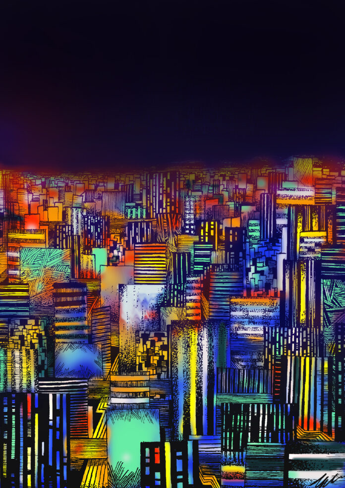 immagine digitale, colori, panorama di città con grattacieli a volo d'uccello, atmosfera notturna, cielo nero, luci colorate e sgargianti