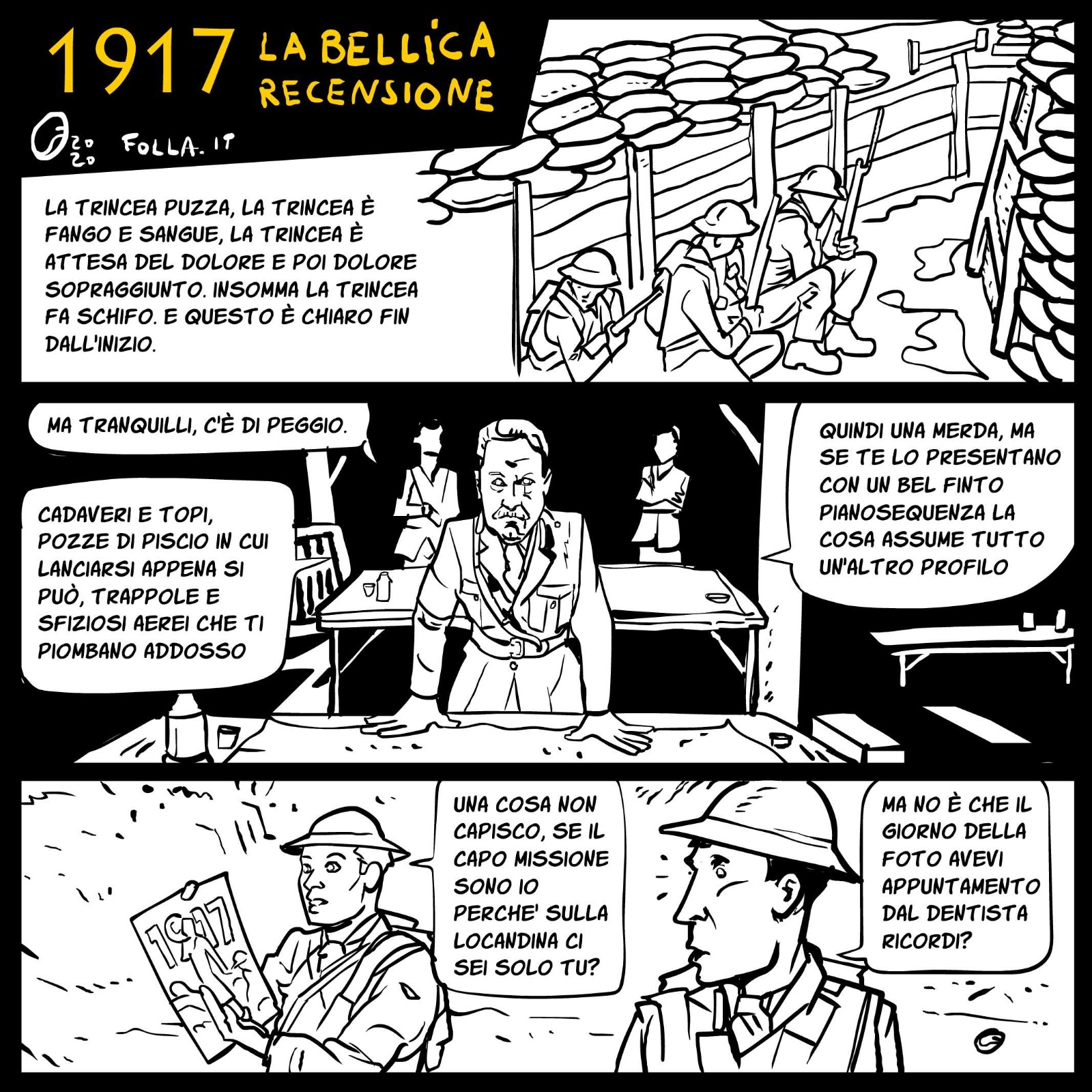 Striscia a fumetti in bianco e nero con tre larghe vignette con i protagonisti del film 1917, soldati della Grande Guerra