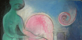 immagine colori, opera d'arte di Vittorio Mazzucconi, a sinistra figura femminile protende le braccia verso altra figura reclinata a terra, colori freddi, sfondo architettonico con arco e colonne aperto su cielo rosa