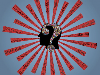 Una superficie quadrata fondo blu su cui si inscrive una testa di profilo in nero, con sopra un punto interrogativo colorato. Tutt'intorno, in forma radiale, una serie di bande rosse con sopra delle scritte