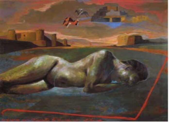 In primo piano un corpo di donna, nuda, distesa a terra, come inghiottita in un paesaggio urbano