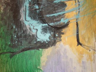Dipinto di Vittorio Mazzucconi che ritrae un busto di un uomo, stilizzato, colorato di nero, giallo, verde, lilla, marrone.