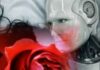Il busto e il volto, bianchi, di robot di sesso maschile, che tiene sul proprio petto una donna, in un abbraccio. La donna è visibile solo per una piccola parte del profilo, perché interamente coperta dall’immagine di una grande rosa rossa.