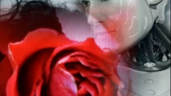 Robot, amore, rosa rossa Il busto e il volto, bianchi, di robot di sesso maschile, che tiene sul proprio petto una donna, in un abbraccio. La donna è visibile solo per una piccola parte del profilo, perché interamente coperta dall’immagine di una grande rosa rossa.
