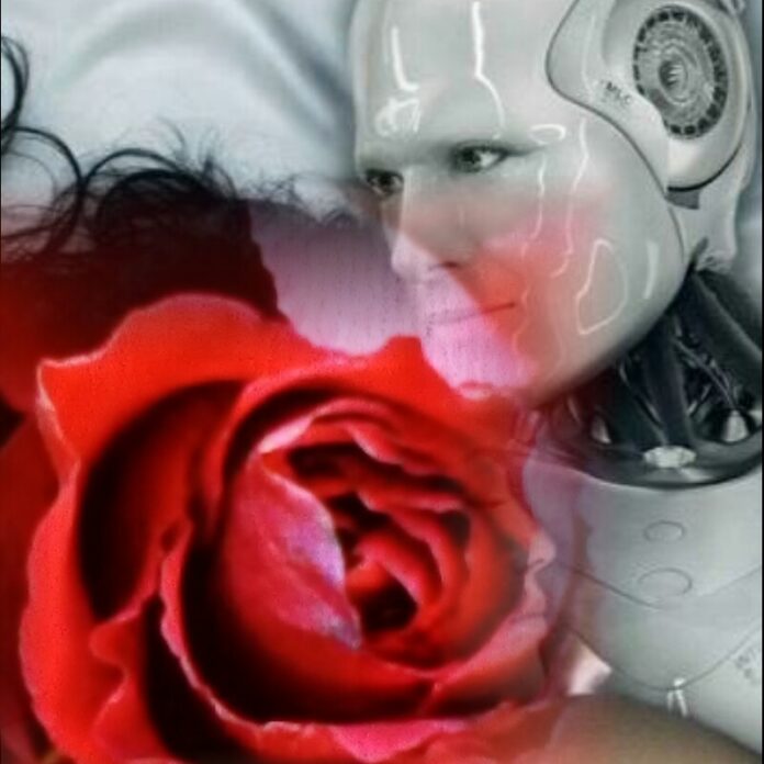 Il busto e il volto, bianchi, di robot di sesso maschile, che tiene sul proprio petto una donna, in un abbraccio. La donna è visibile solo per una piccola parte del profilo, perché interamente coperta dall’immagine di una grande rosa rossa.