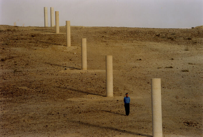 fotografia, colori, esterno, deserto grigio, una fila di pali in cemento, un uomo vestito di blu in piedi tra i pali, cielo grigio