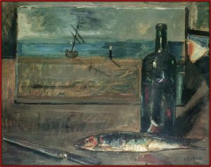 Dipinto a olio nel quale si raffigura un tavolo di legno sul quale compaiono in primo piano, un coltello, un pesce morto, una bottiglia. appena dietro una tela dello stesso artista che raffigura una barca, il mare e un molo o una spiaggia.