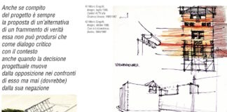 Pagina della rivista Abitacolo sulla quale si trovano alcuni disegni degli anni Ottanta realizzati a mano da Vittorio Gregotti; in alto a sinistra un breve testo che riporta un passo dell'architetto scomparso.