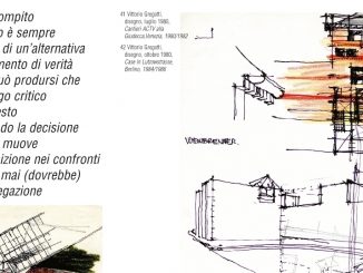Pagina della rivista Abitacolo sulla quale si trovano alcuni disegni degli anni Ottanta realizzati a mano da Vittorio Gregotti; in alto a sinistra un breve testo che riporta un passo dell'architetto scomparso.