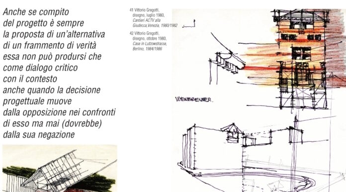 Pagina della rivista Abitacolo sulla quale si trovano alcuni disegni degli anni Ottanta realizzati a mano da Vittorio Gregotti; in alto a sinistra un breve testo che riporta un passo dell'architetto scomparso.