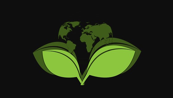 Immagine, grafica digitale, sfondo nero, 2 foglie verdi in primo piano sostengono un mappamondo verde, articolo sulla salute pubblica planetaria