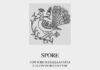 copertina del libro di poesia italiana Angelo Gaccione, "Spore", Ed. Interlinea, 2020, illustrazione di un pavone in bianco e nero