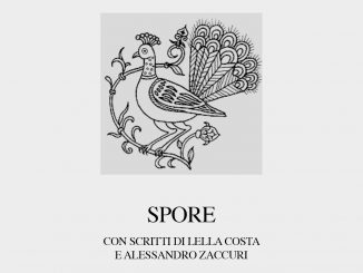 copertina del libro di poesia italiana Angelo Gaccione, "Spore", Ed. Interlinea, 2020, illustrazione di un pavone in bianco e nero