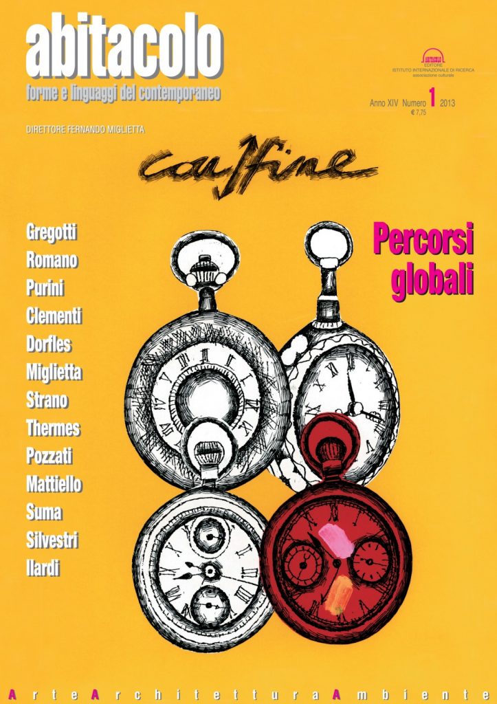 copertina della rivista Abitacolo numero 1 anno 2013, sfondo giallo, 4 disegni di orologi da tasca, di cui 3 bianco e nero 1 colorato in rosso
