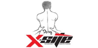 The naked bust of a man from behind, held by the arms of a figure not represented at the height of the hips. On the bust, on the lower back, the name Doug is written. Below, X-SITE Energy Services.