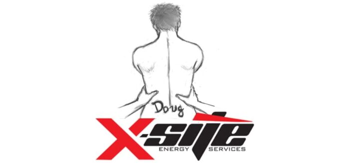 The naked bust of a man from behind, held by the arms of a figure not represented at the height of the hips. On the bust, on the lower back, the name Doug is written. Below, X-SITE Energy Services.