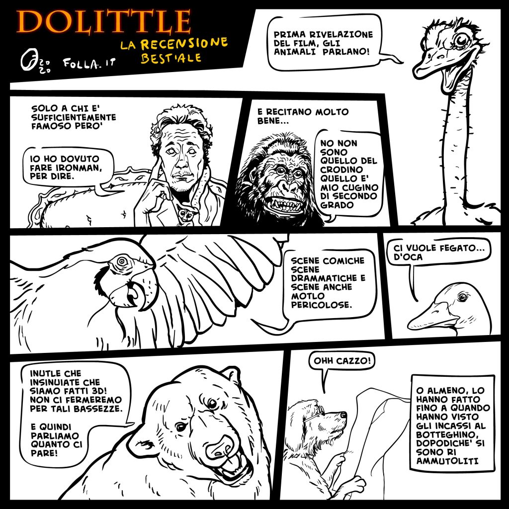 vignetta di Fabio Folla per la rubrica Pedivella, recensione bestiale del Dottor Dolittle