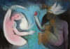 Dipinto di Vittorio Mazzucconi nel quale a sinistra è rappresentata una figura femminile accovacciata di fronte ad una figura maschile che tiene in mano un frutto rosso e una colomba che copre il volto dell'uomo. Eva e Adamo nel giardino dell'Eden.