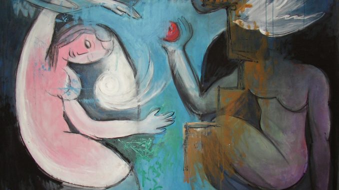 Dipinto di Vittorio Mazzucconi nel quale a sinistra è rappresentata una figura femminile accovacciata di fronte ad una figura maschile che tiene in mano un frutto rosso e una colomba che copre il volto dell'uomo. Eva e Adamo nel giardino dell'Eden.