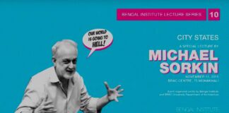 L’Architetto Michael Sorkin sulla locandina del Bengal Institute, in occasione di una special lecture, novembre 2015,L'immagine di Sorkin è su uno sfondo azzurro con un fumetto che dice " il nostro mondo sta andando all'inferno!"
