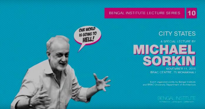 L’Architetto Michael Sorkin sulla locandina del Bengal Institute, in occasione di una special lecture, novembre 2015,L'immagine di Sorkin è su uno sfondo azzurro con un fumetto che dice 
