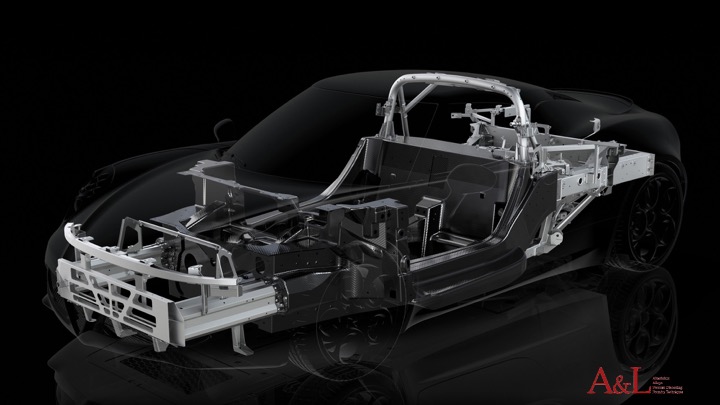 Un'automobile di cui sono visibili solo le parti strutturali realizzate in alluminio.