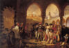 Dipinto a olio, Napoleone visita i malati di peste, la pandemia dell'ottocento. I malati sono sparsi ovunque, in piedi e a terra, intorno a Napoleone.