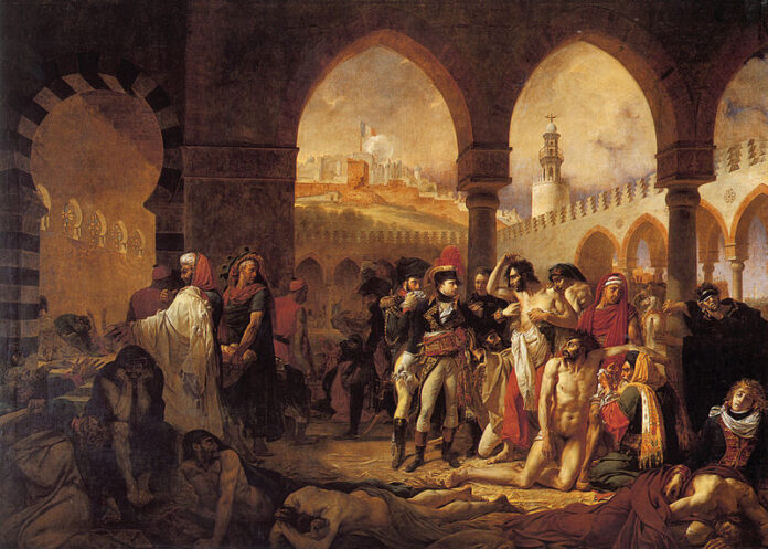 Dipinto a olio, Napoleone visita i malati di peste, la pandemia dell'ottocento. I malati sono sparsi ovunque, in piedi e a terra, intorno a Napoleone.