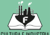 Il logo della rubrica Cultura e Industria, un libro aperto su cui spicca il disegno di un'industria e le sue ciminiere fumanti simbolo dell''architettura industriale.