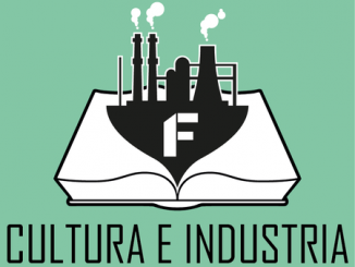 Il logo della rubrica Cultura e Industria, un libro aperto su cui spicca il disegno di un'industria e le sue ciminiere fumanti simbolo dell''architettura industriale.